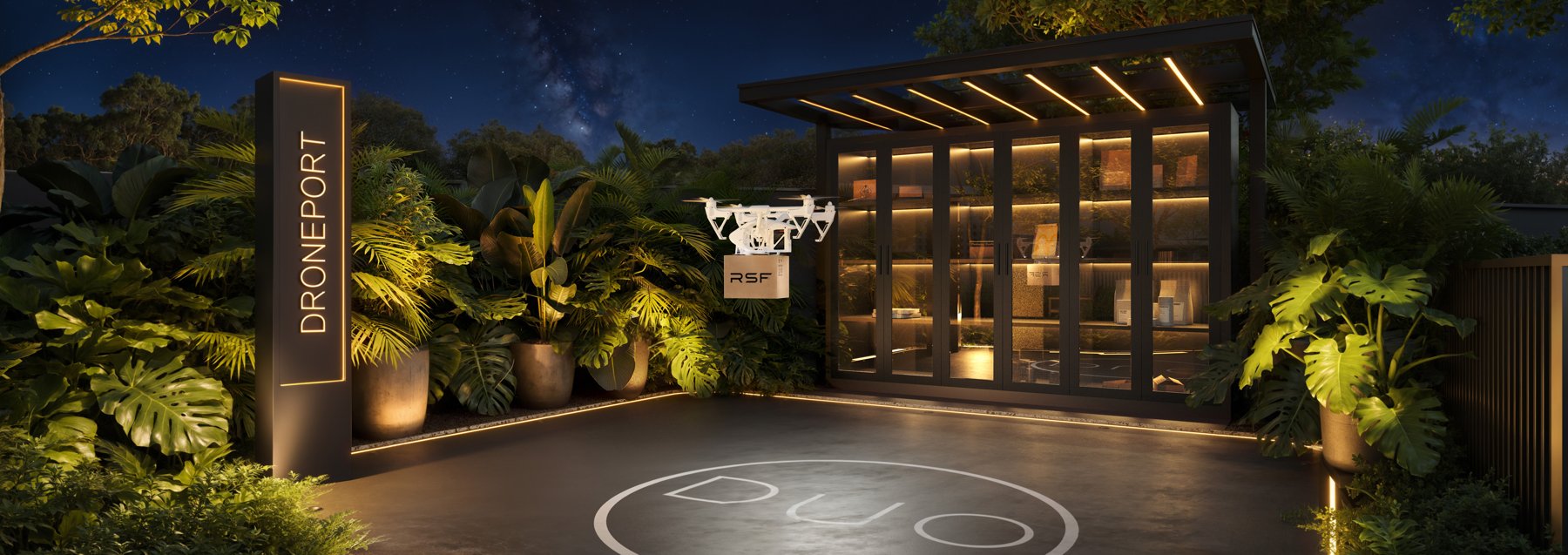 Droneport do Duo Stay Residence com drone realizando entrega